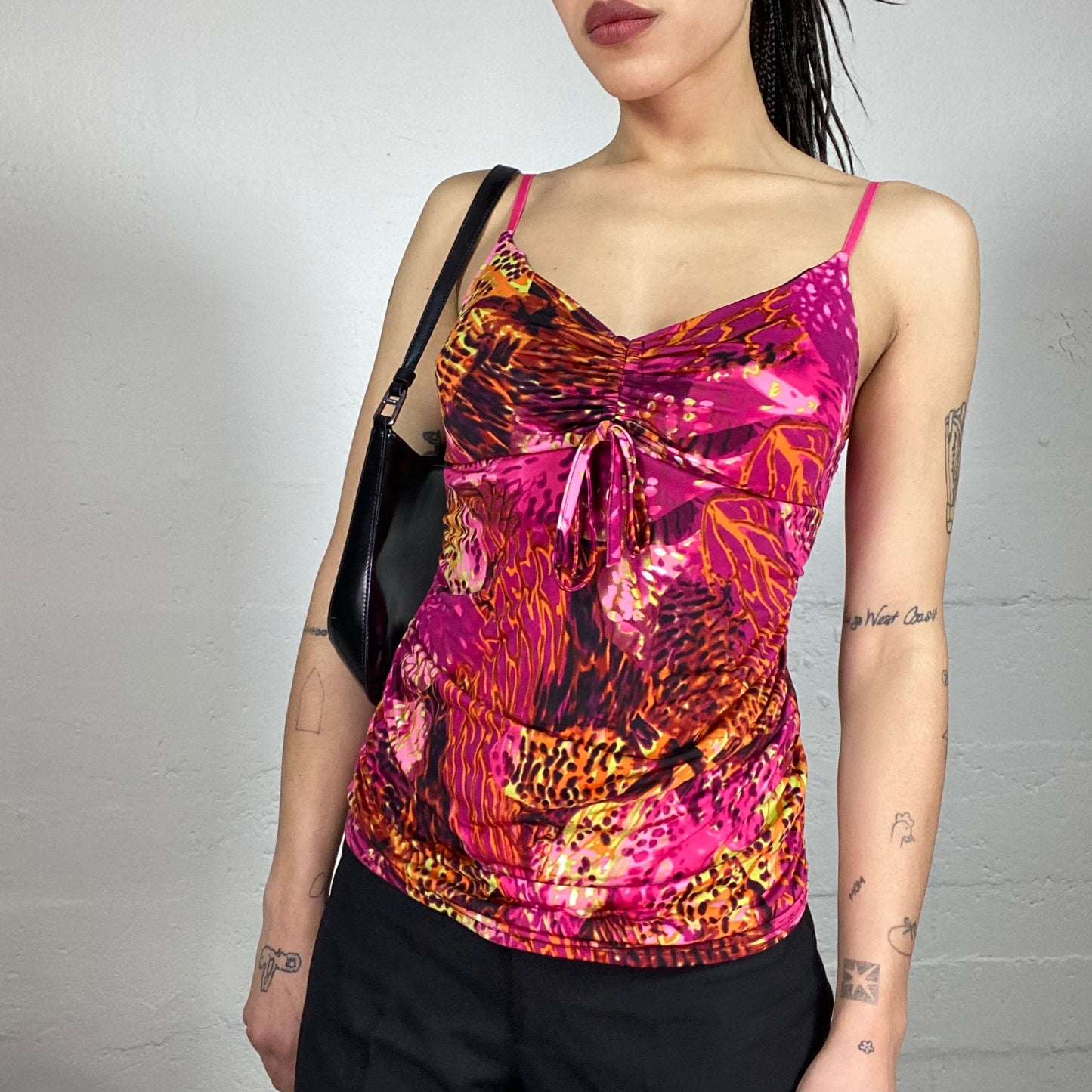 Vintage 90’ Summer Cami Pink Printed Top with Matching Ribbon Detail (M)