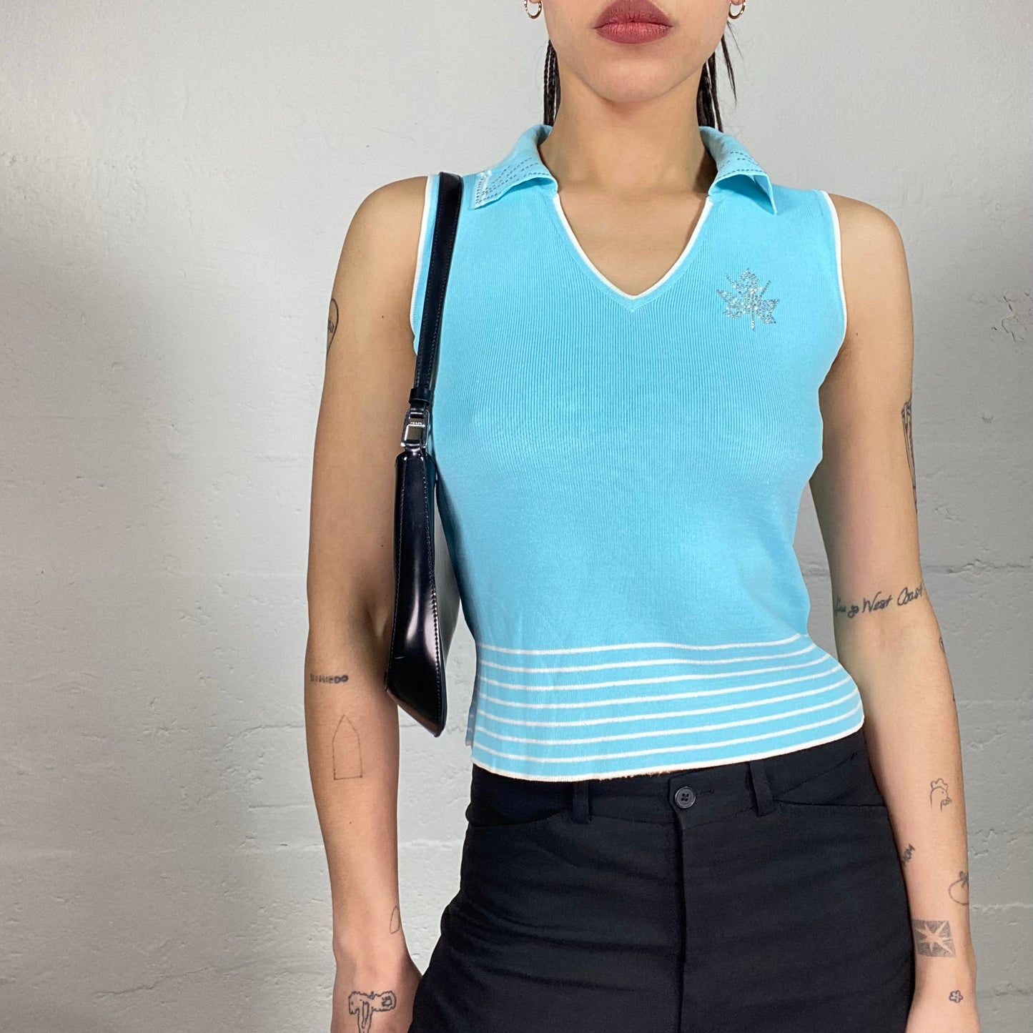 Vintage 90’ Sporty Baby Blue V-Neck Top with Rhinestones Details and White Stripes Print (S)