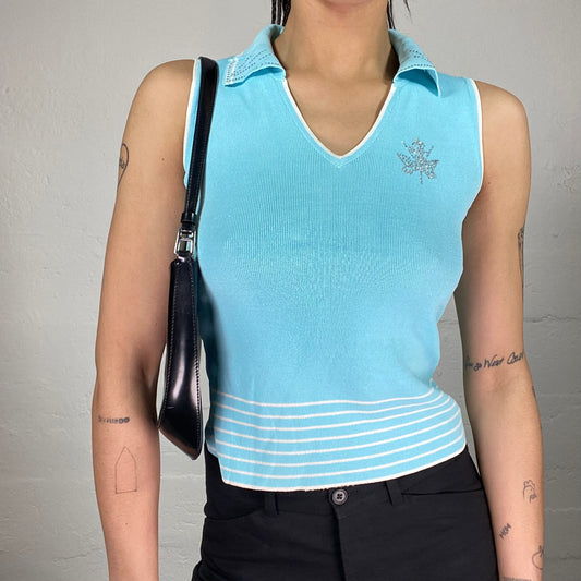 Vintage 90’ Sporty Baby Blue V-Neck Top with Rhinestones Details and White Stripes Print (S)