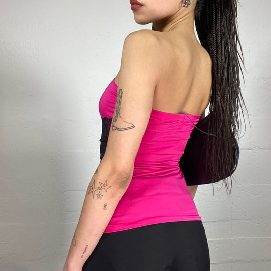 Vintage 2000’s Clubwear Neon Pink Strapless Top with Black Lace Detail (One Size)