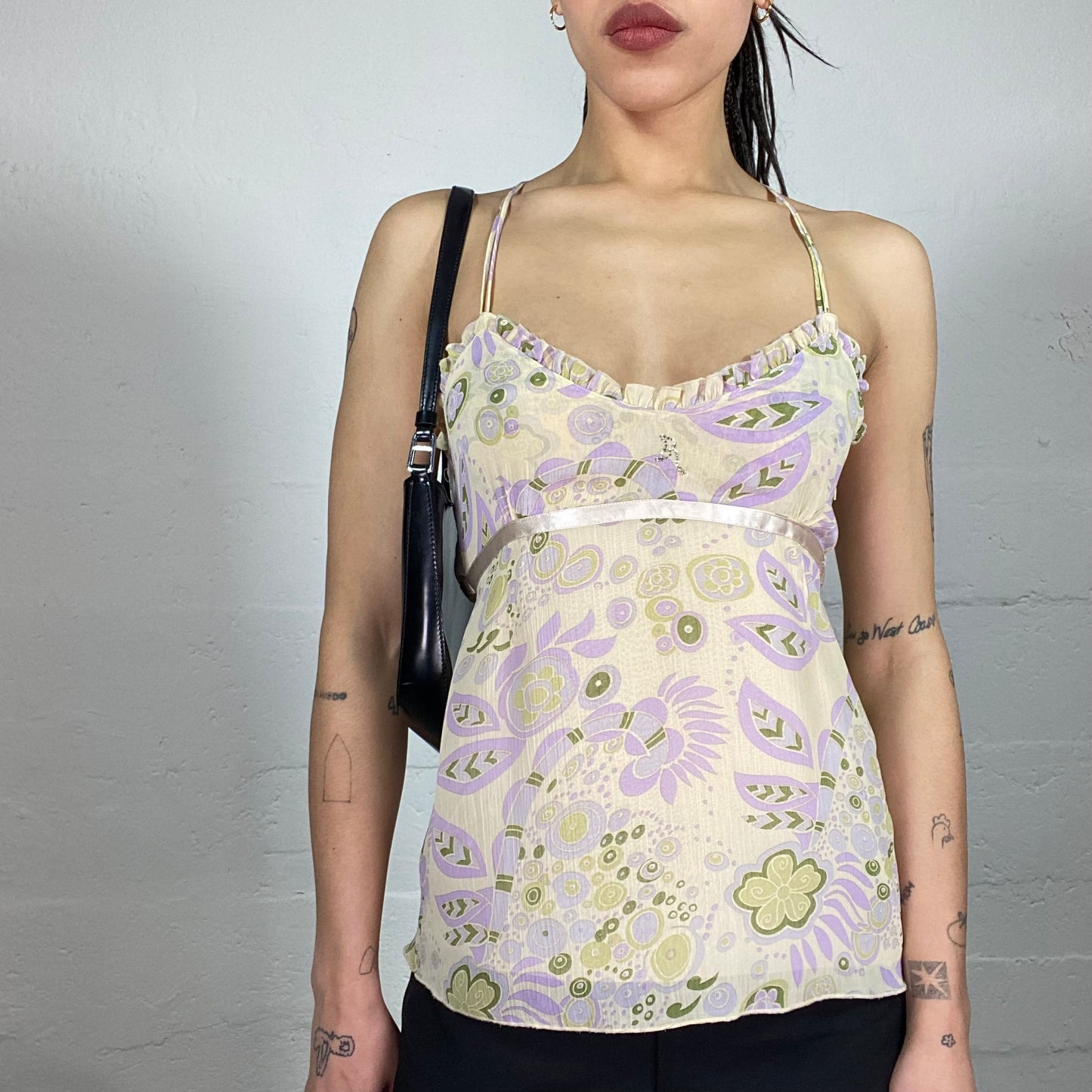 Vintage 90’ Baby Doll Shiffon Milky Cami Top with Floral Print and Ruffle Details (S)