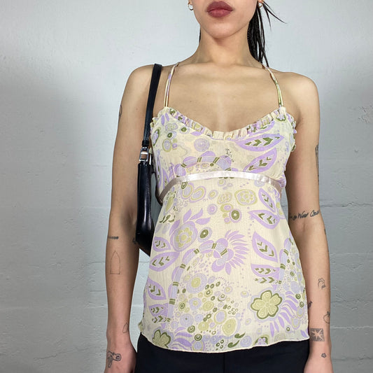 Vintage 90’ Baby Doll Shiffon Milky Cami Top with Floral Print and Ruffle Details (S)