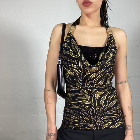 Vintage 2000’ Clubwear Paris Hilton Black Shiny Neckhalter Top with Golden Animal Print (36/38)