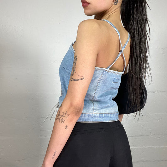 Vintage 90’ Cow Girl Denim Cami Top with Zipper and Lace Up Detail (M)