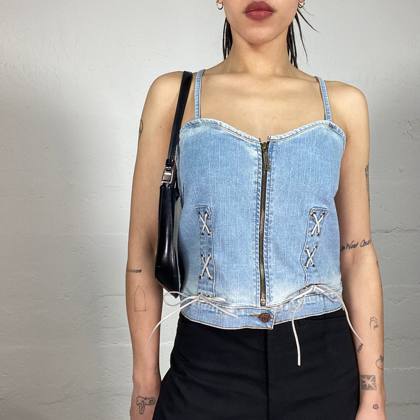 Vintage 90’ Cow Girl Denim Cami Top with Zipper and Lace Up Detail (M)