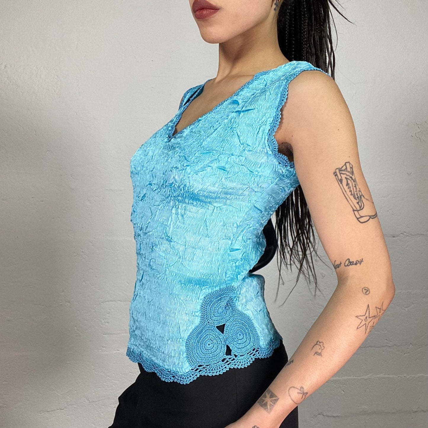 Vintage 90’ Coquette Aqua Blue Silky Top with Matching Tone Crochet Details (S/M)