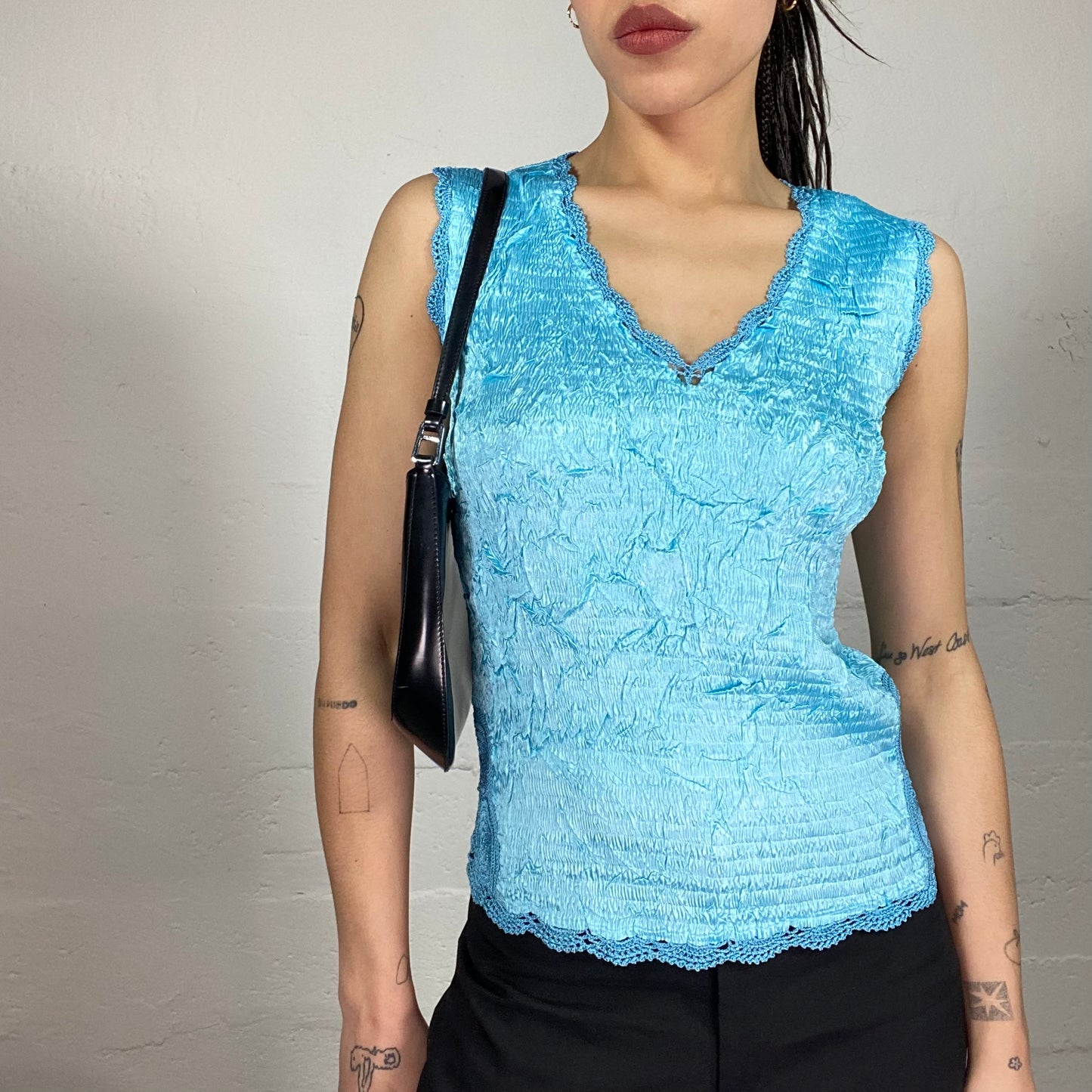 Vintage 90’ Coquette Aqua Blue Silky Top with Matching Tone Crochet Details (S/M)