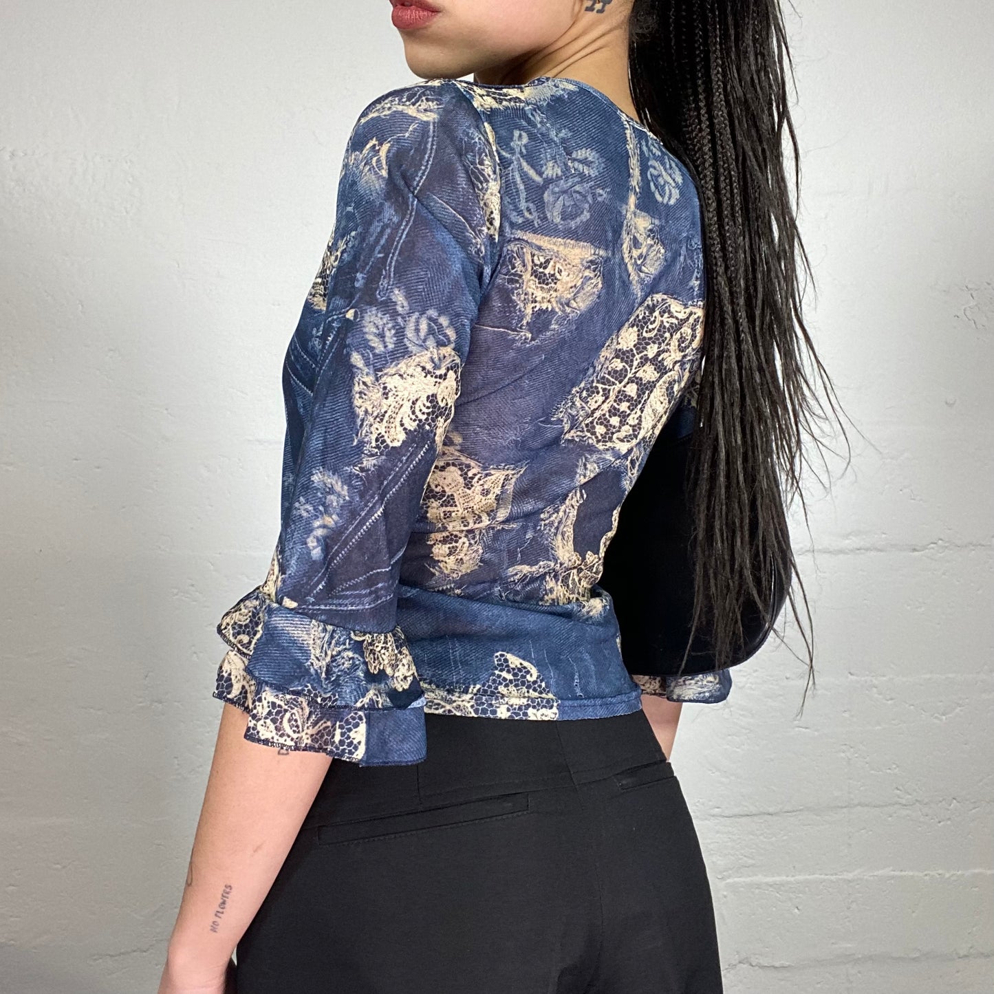 Vintage 90’ Indie Blue Denim Effect Print 3/4 Sleeve Top with Ruffle Details (S)