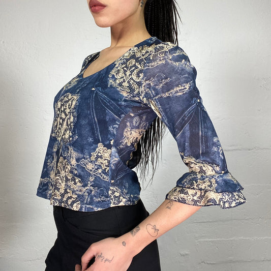 Vintage 90’ Indie Blue Denim Effect Print 3/4 Sleeve Top with Ruffle Details (S)