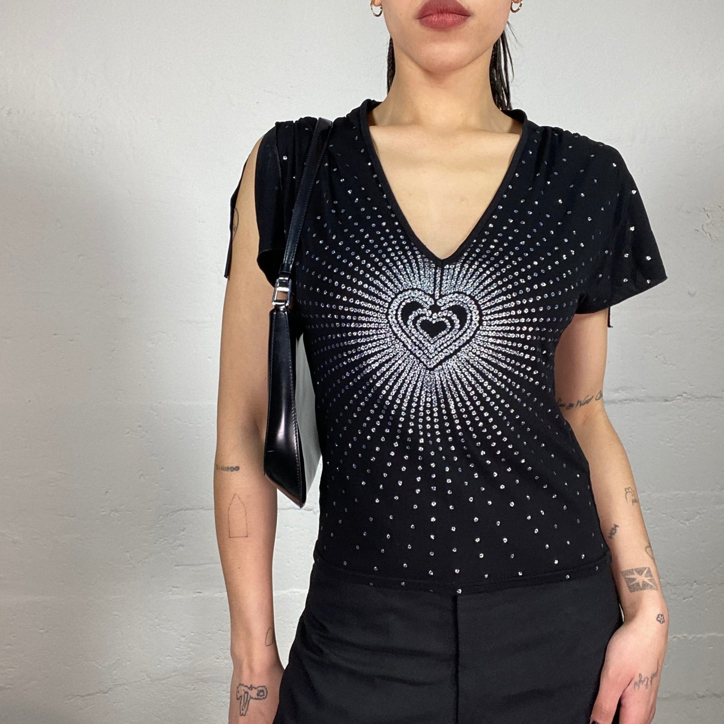 Vintage 90’ Clubwear Morgan Shiny Black Shirt with Rhinestones Embroidery and Sleeve Cut Detail