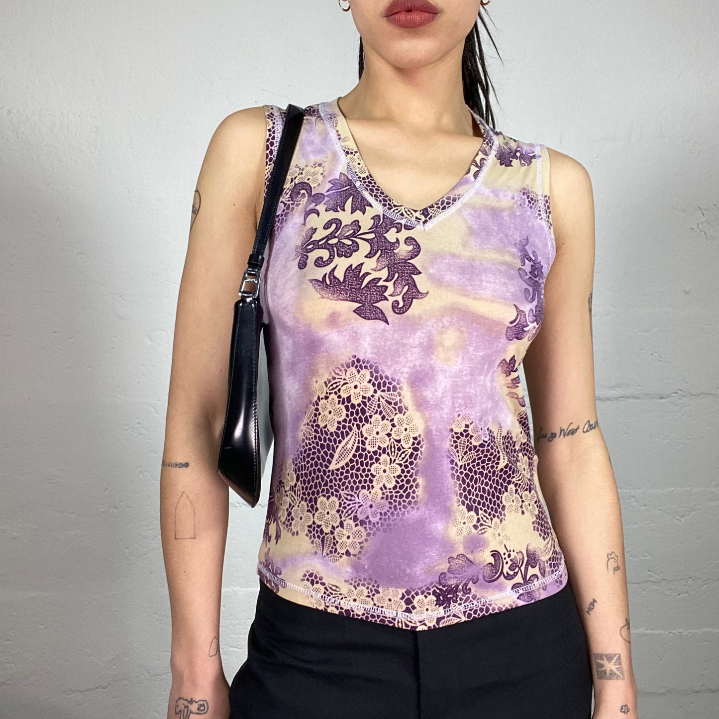 Vintage 90’ Romantic Boho Purple and Beige Tank Top with Paisley Print (L)