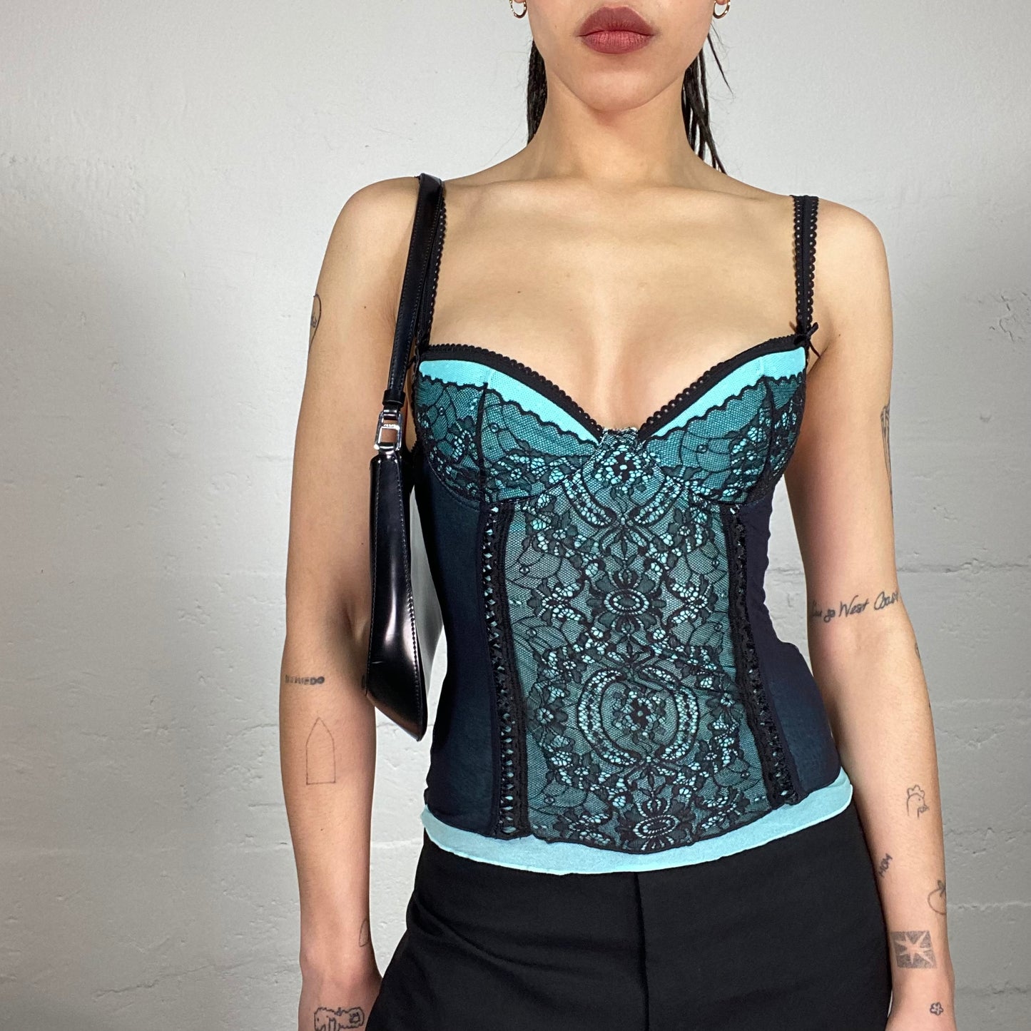 Vintage 2000’ Vampy Lingerie Style Black and Aqua Blue Corset Top with Lace Details (80B)