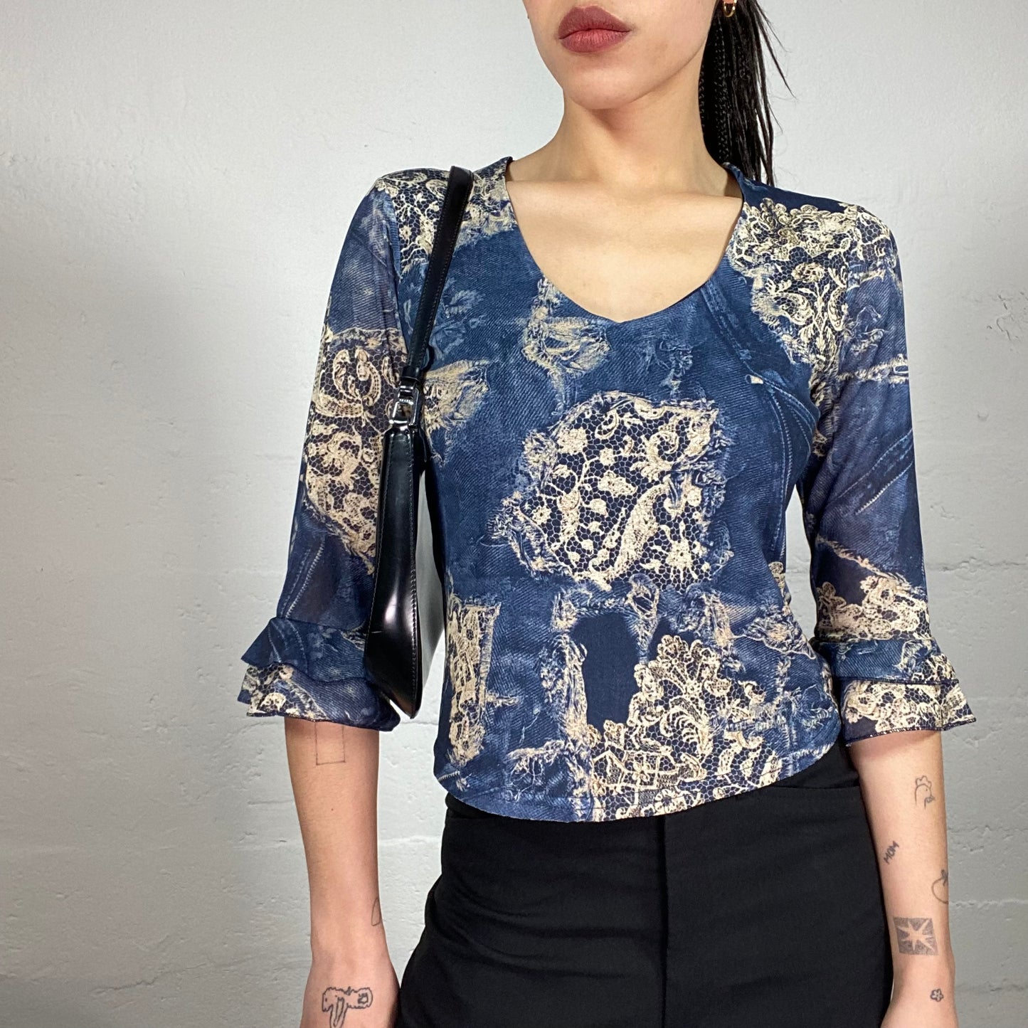 Vintage 90’ Indie Blue Denim Effect Print 3/4 Sleeve Top with Ruffle Details (S)