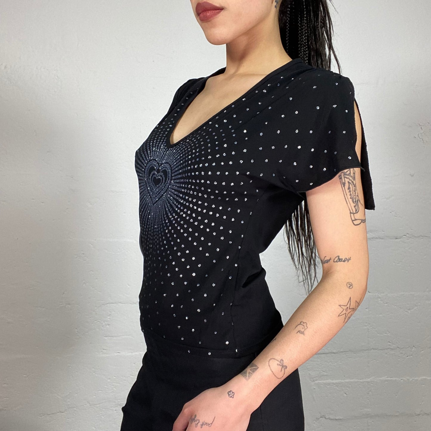 Vintage 90’ Clubwear Morgan Shiny Black Shirt with Rhinestones Embroidery and Sleeve Cut Detail