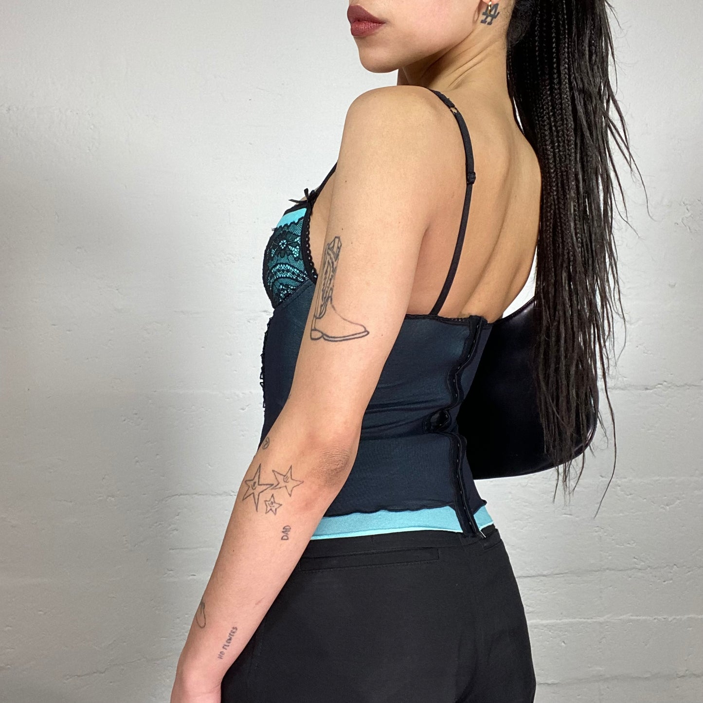 Vintage 2000’ Vampy Lingerie Style Black and Aqua Blue Corset Top with Lace Details (80B)