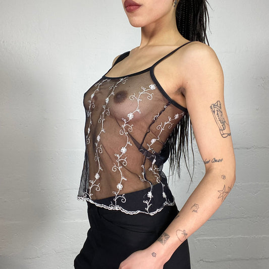 Vintage 90’ Summer Shiffon Black See-Through Cami Top with Floral White Embroidery (S)