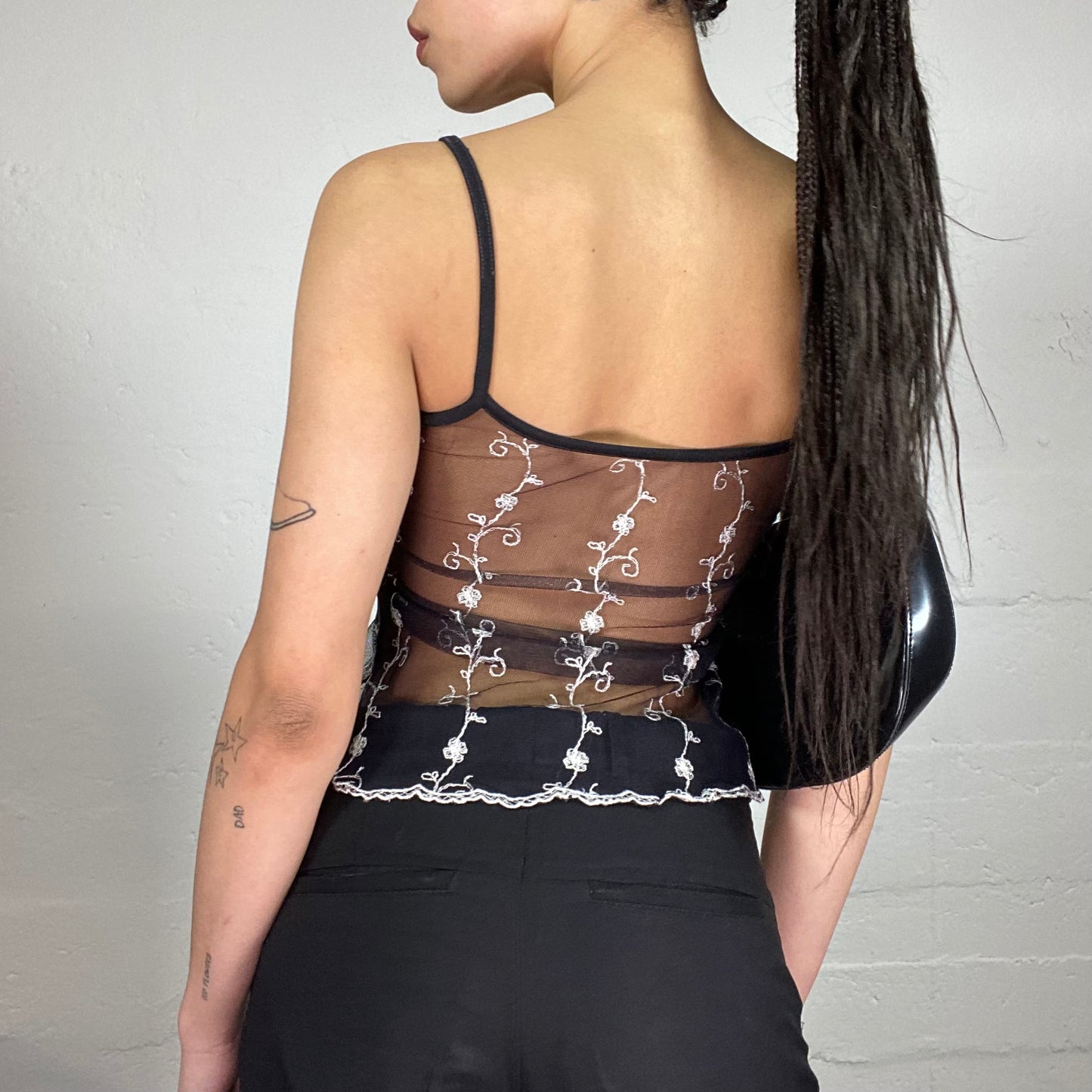 Vintage 90’ Summer Shiffon Black See-Through Cami Top with Floral White Embroidery (S)