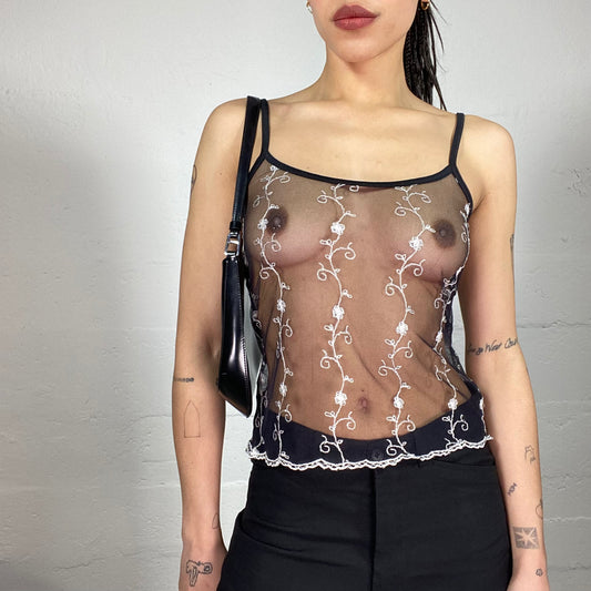 Vintage 90’ Summer Shiffon Black See-Through Cami Top with Floral White Embroidery (S)