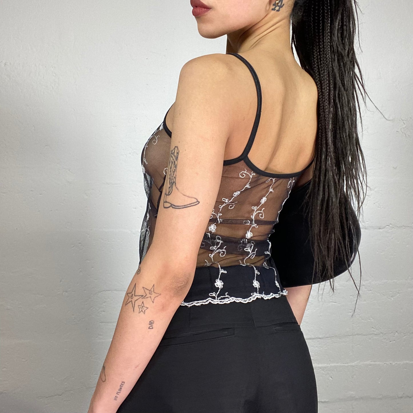 Vintage 90’ Summer Shiffon Black See-Through Cami Top with Floral White Embroidery (S)