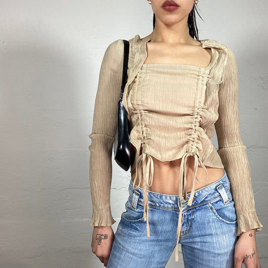 Vintage 90’ Archive Beige Longsleeve Top with Ruffle and Straps Details (M)