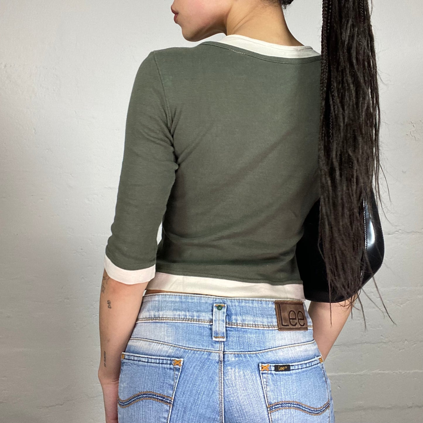 Vintage 90’ Grunge 3/4 Sleeve Khaki Green Top with Contrast White Details (S)