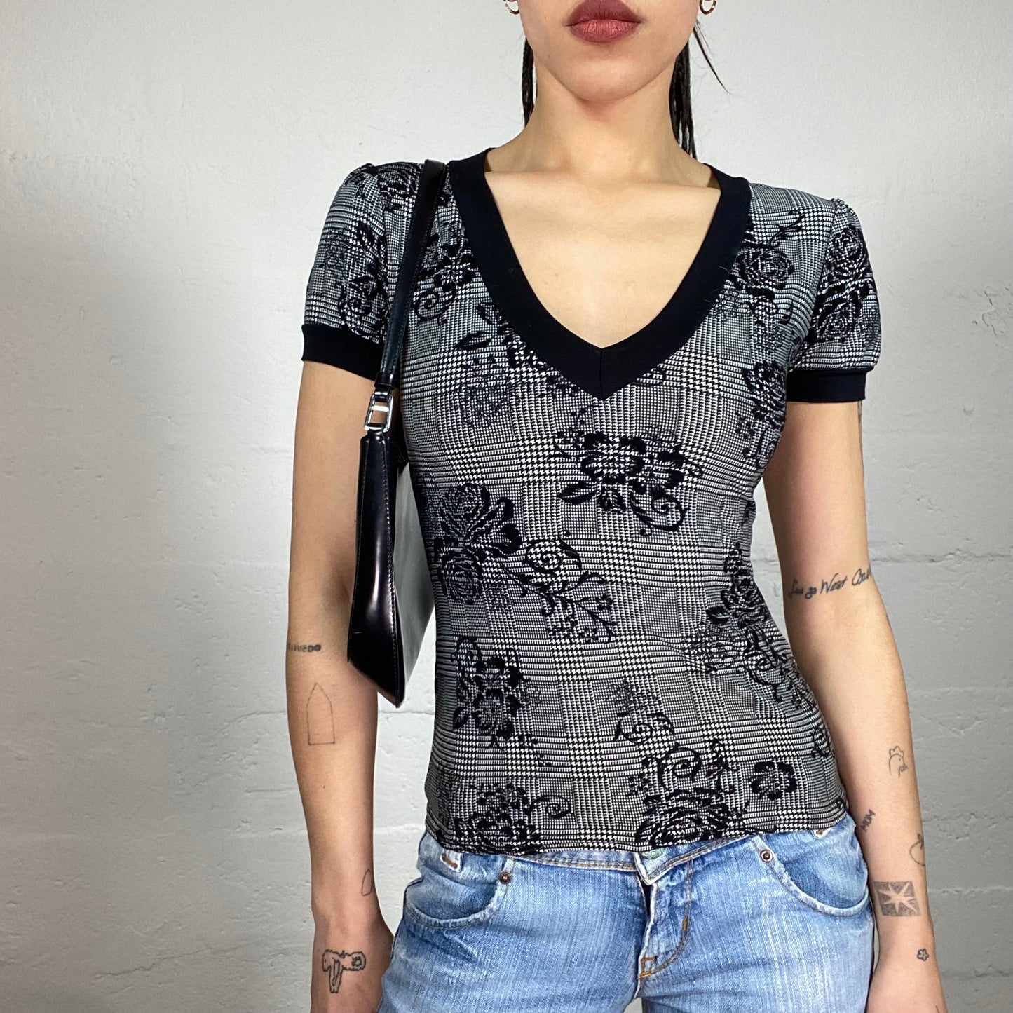 Vintage 90’ Coquette Black and Grey Shirt with Floral Print (S)