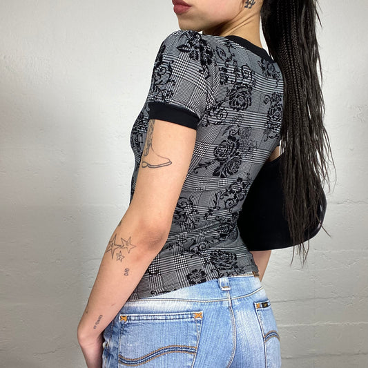 Vintage 90’ Coquette Black and Grey Shirt with Floral Print (S)