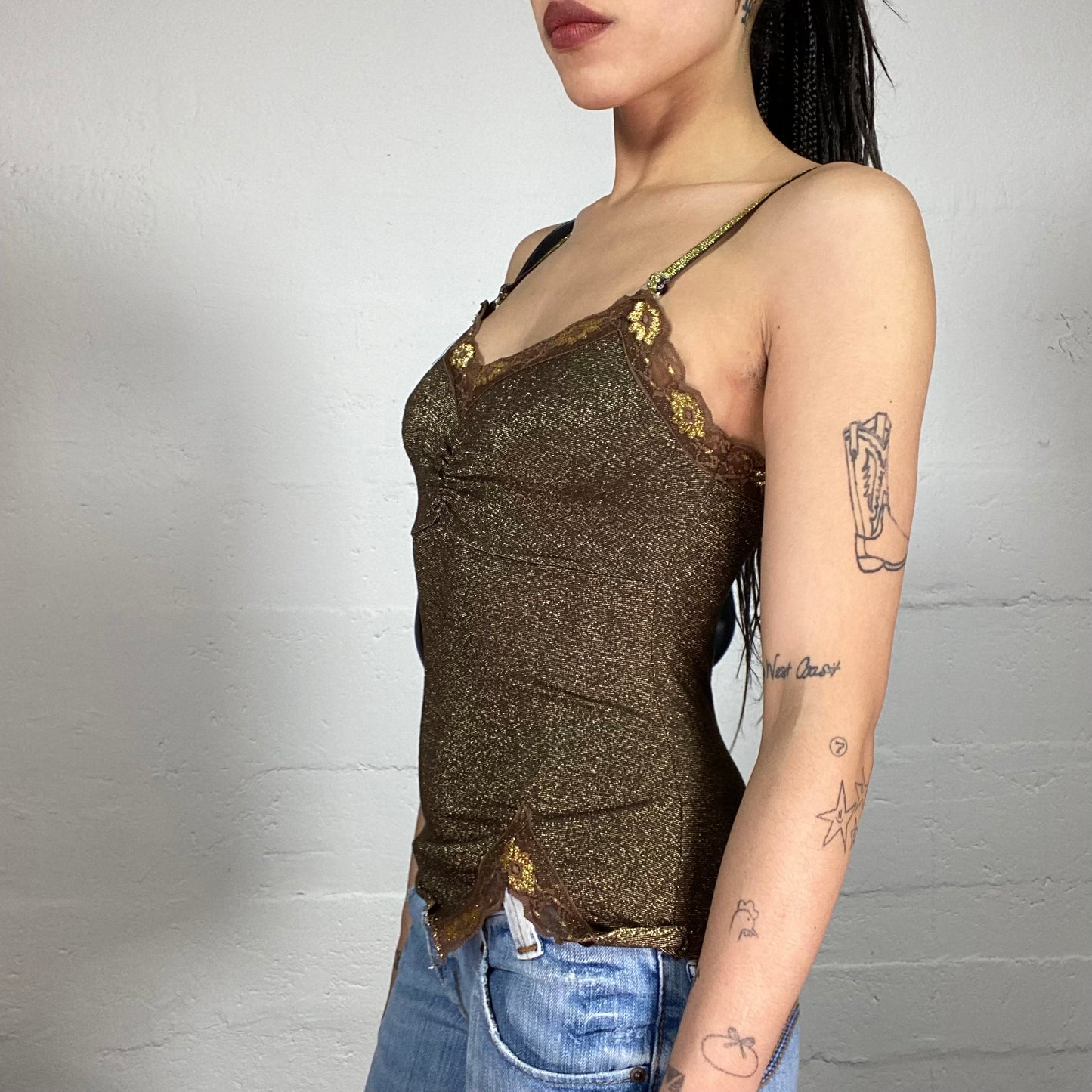 Vintage 90’ Clubwear Sheer Brown Glitter Cami Top with Golden Accent and Lace Details (S)