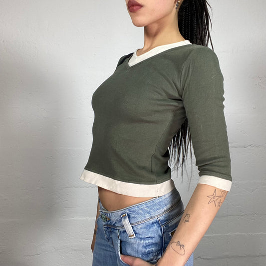 Vintage 90’ Grunge 3/4 Sleeve Khaki Green Top with Contrast White Details (S)