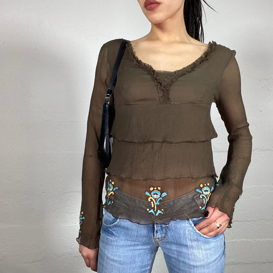 Vintage 90’ Boho Shiffon Pleated Brown Longsleeve with Ruffle Details and Floral Embroidery (M)