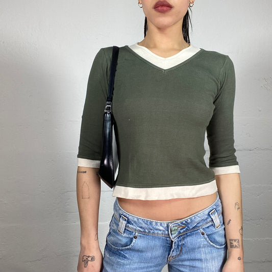 Vintage 90’ Grunge 3/4 Sleeve Khaki Green Top with Contrast White Details (S)