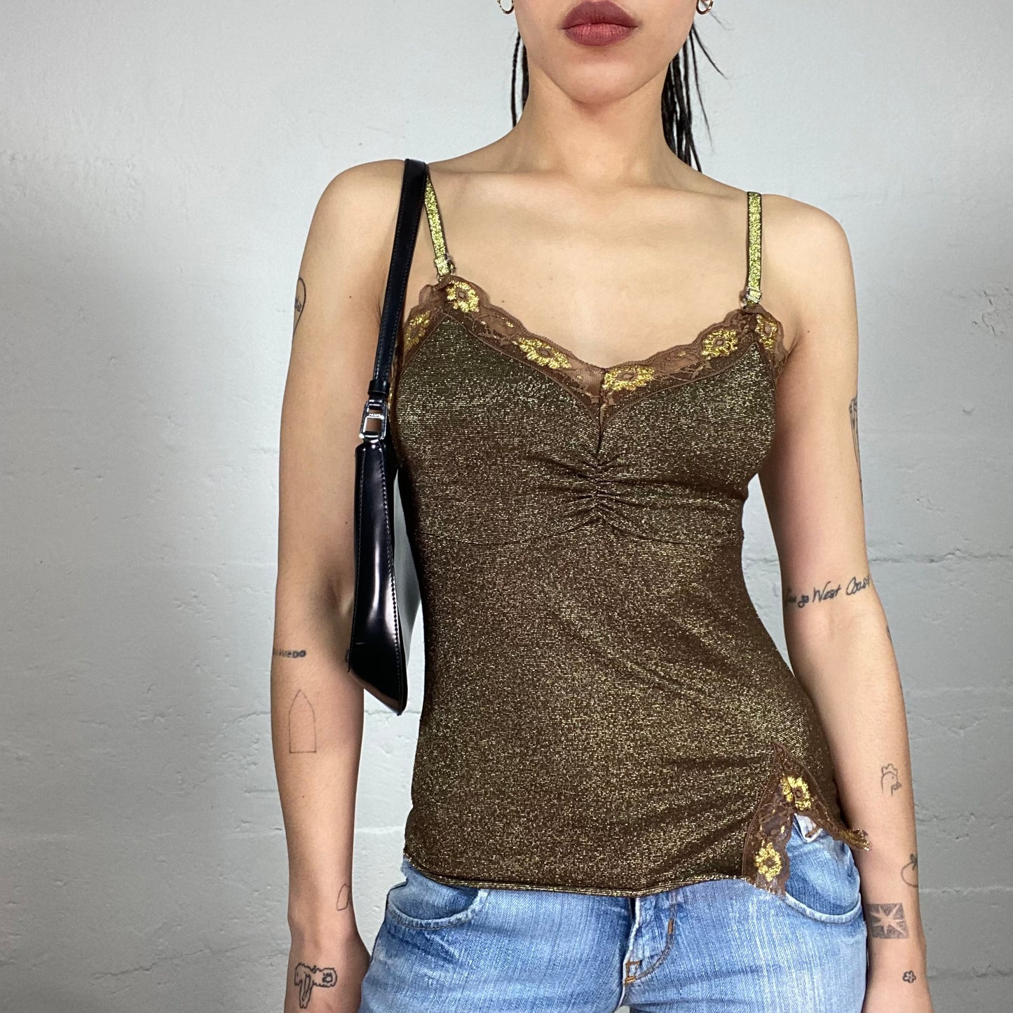 Vintage 90’ Clubwear Sheer Brown Glitter Cami Top with Golden Accent and Lace Details (S)