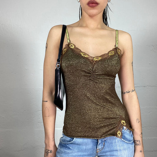 Vintage 90’ Clubwear Sheer Brown Glitter Cami Top with Golden Accent and Lace Details (S)