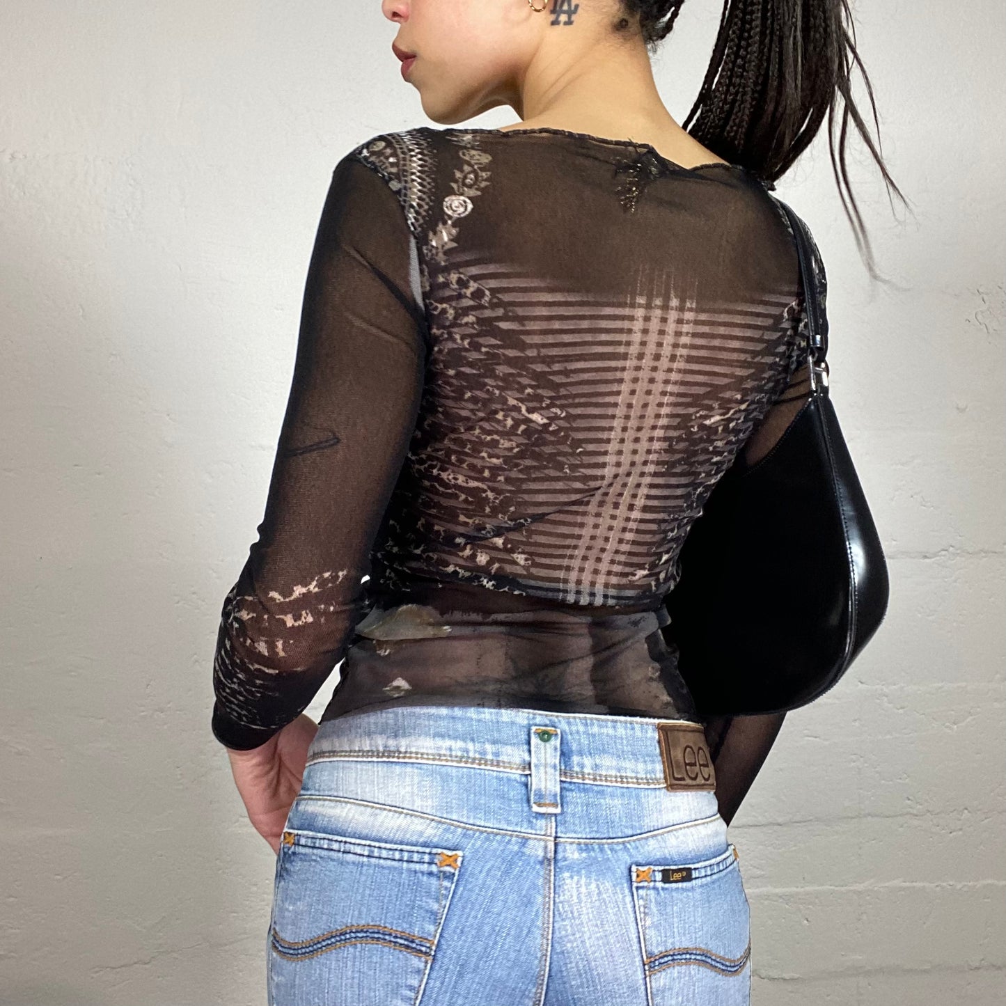 Vintage 90’ Archive Mesh See-Through Black Printed Longsleeve Top (S)