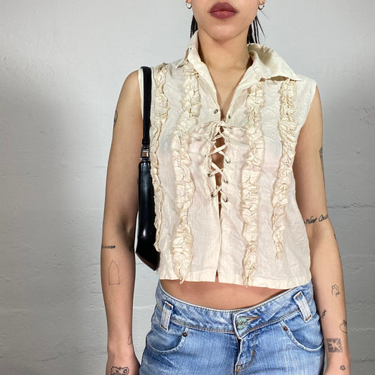 Vintage 90’ Cowgirl Creamy Lace Up Tank Top with Ruffle Details (S)