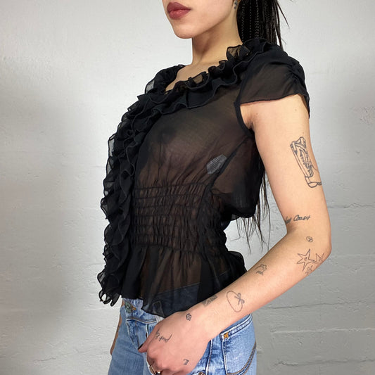 Vintage 90’ Coquette Black Shiffon Short-Sleeve Shirt with Ruffles (S)