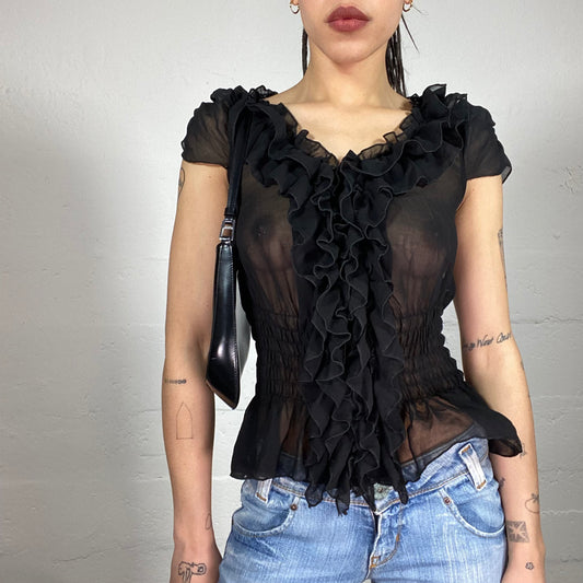 Vintage 90’ Coquette Black Shiffon Short-Sleeve Shirt with Ruffles (S)