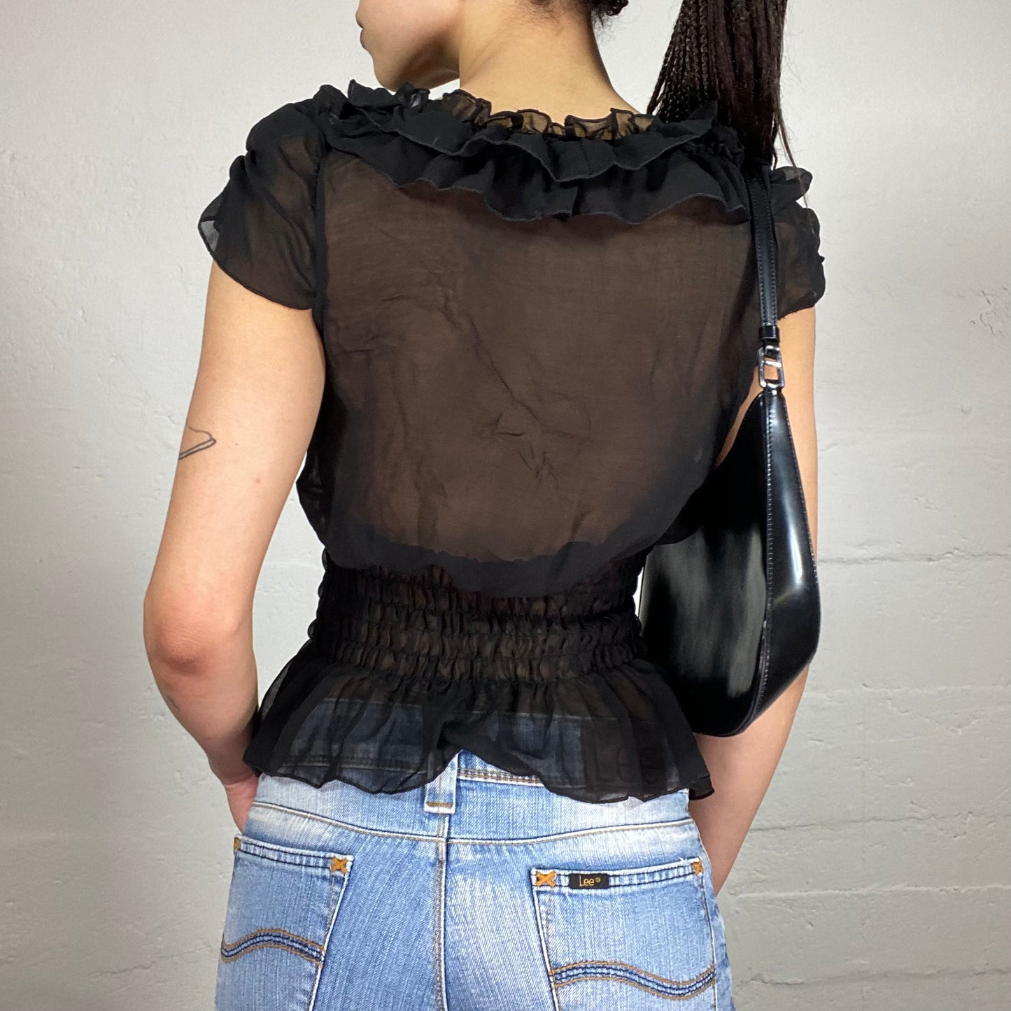 Vintage 90’ Coquette Black Shiffon Short-Sleeve Shirt with Ruffles (S)