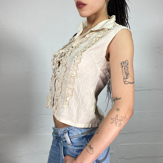 Vintage 90’ Cowgirl Creamy Lace Up Tank Top with Ruffle Details (S)