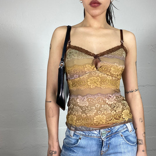 Vintage 90’ Indie Girl See-Through Mesh Cami Top with Floral Lace and Ribbon Detail (S)