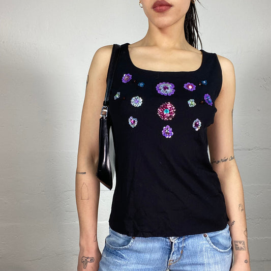 Vintage 90’ Summer Black Tank Top with Purple Sequin Flower Details (48)
