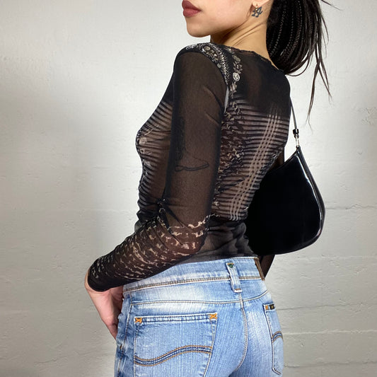 Vintage 90’ Archive Mesh See-Through Black Printed Longsleeve Top (S)