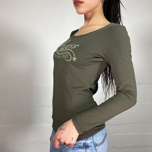 Vintage 2000’ Guess Sporty Khaki Green Longsleeve Top with Matching Tone Logo Print (M)