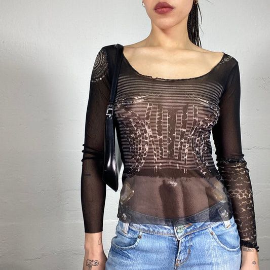 Vintage 90’ Archive Mesh See-Through Black Printed Longsleeve Top (S)