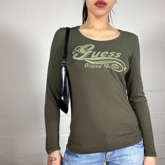 Vintage 2000’ Guess Sporty Khaki Green Longsleeve Top with Matching Tone Logo Print (M)