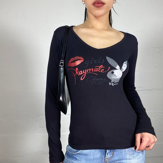 Vintage 2000’ Playboy Clubwear Black Longsleeve Top with Logo and Lip Print (M)
