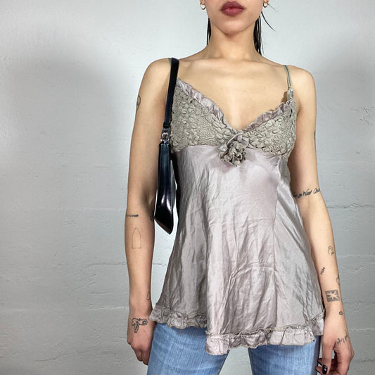 Vintage 90’ Matilda Djerf inspired Silky Warm Toned Grey Cami Top with Crochet Bra and Flower Detail (S/M)