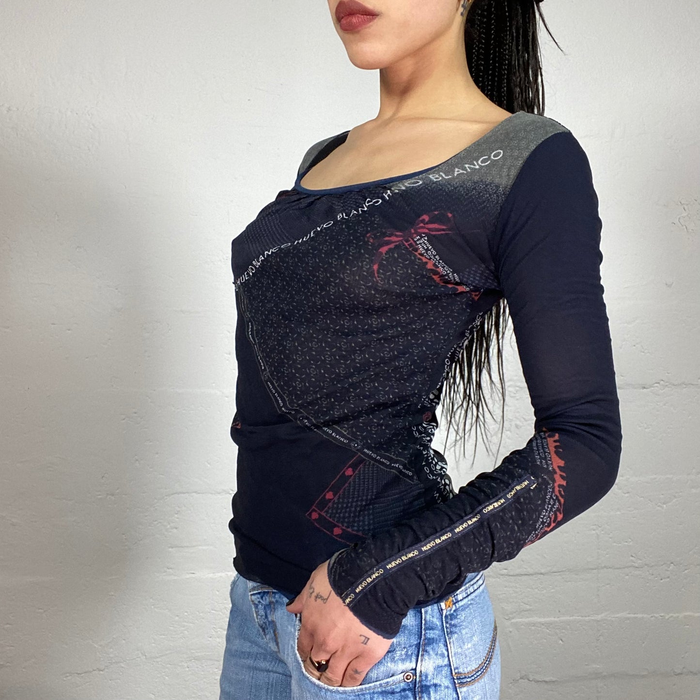 Vintage 2000’ Archive Longsleeve Mesh Top with Lettering Print (S/M)