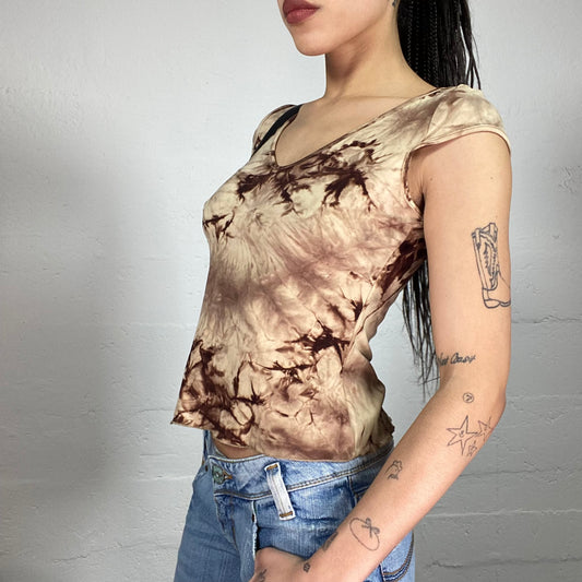 Vintage 90’ Boho Beige and Brown Tie-Dye Mini Sleeves Top (S)