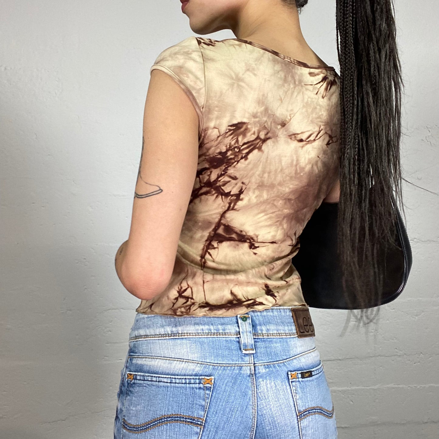 Vintage 90’ Boho Beige and Brown Tie-Dye Mini Sleeves Top (S)